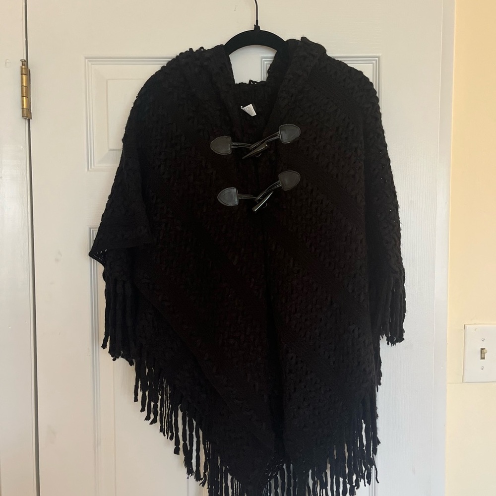 Apt. 9 Black Knit Poncho with Leather Toggles